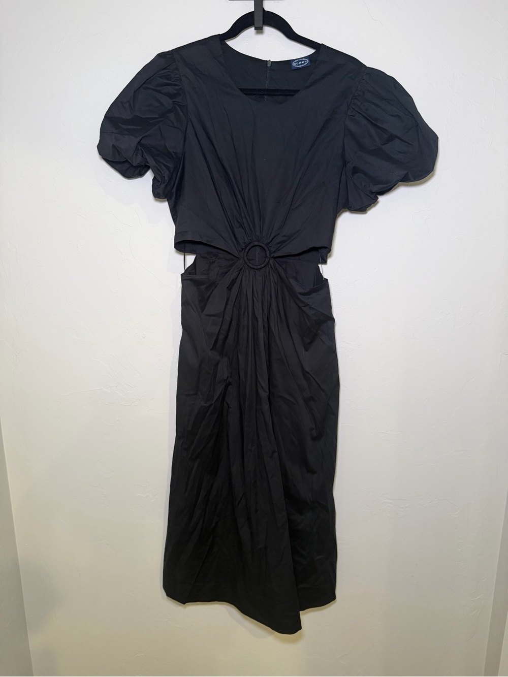 Black Midi Dress with Puff Sleeves and Center Ring Detail